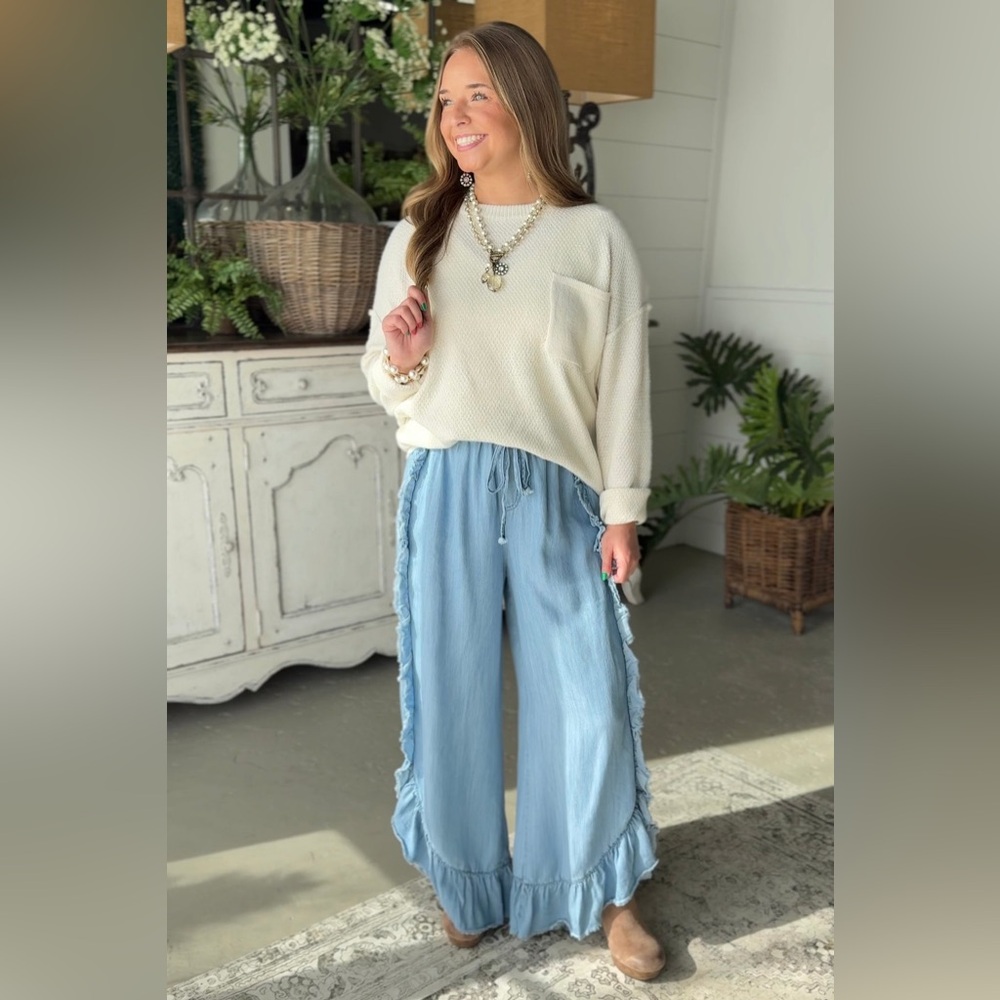 Easel light blue chambray denim wide leg elastic waist pull on pants size Large - Picture 11 of 13